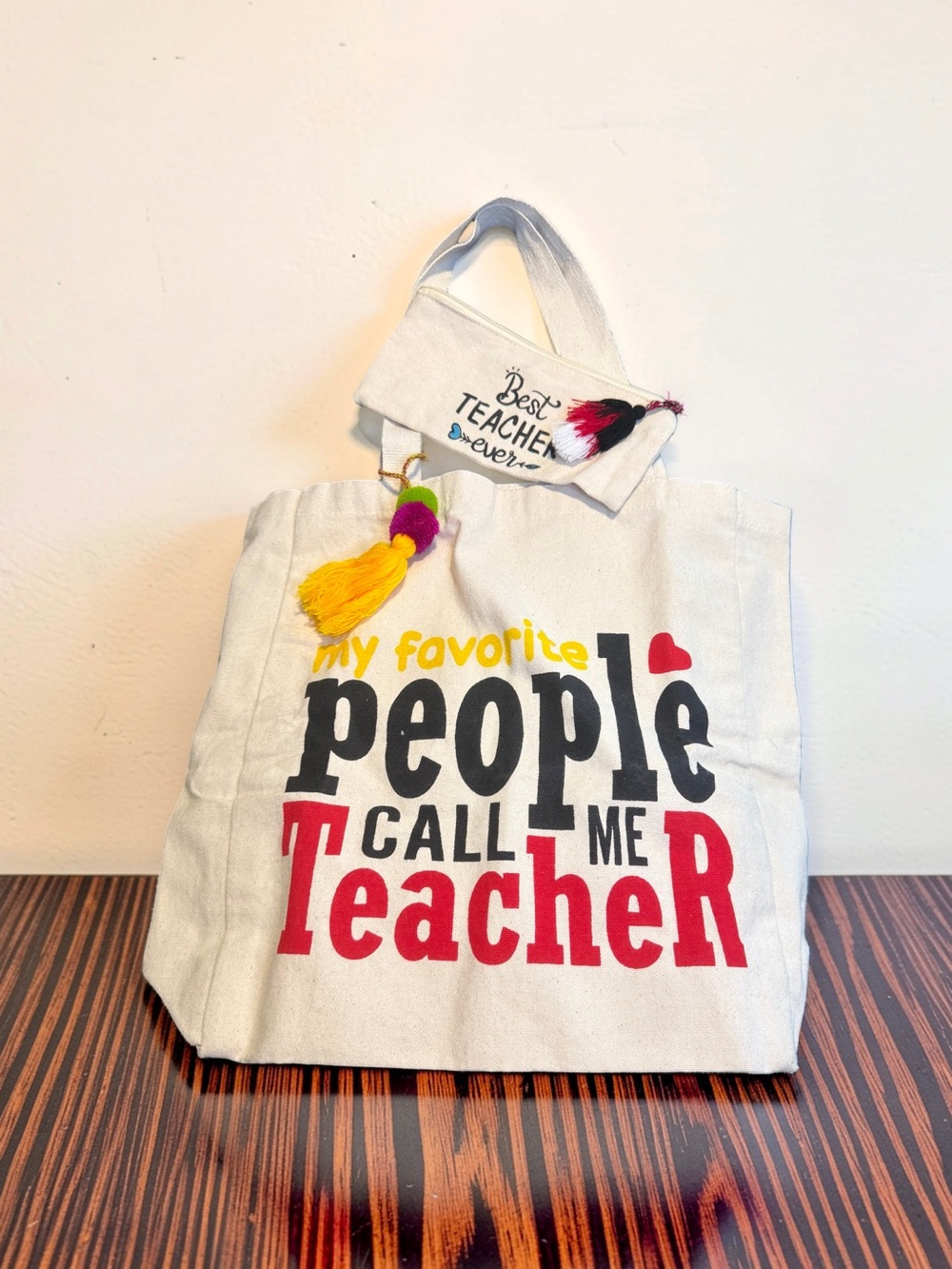 White Canvas Teacher Tote Bag with Colorful Tassel